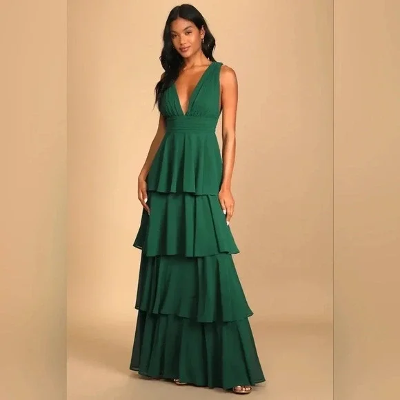 Lulus Amazing Evening Hunter Green Tiered Maxi Dress Size M Wedding Party Formal - Picture 2 of 10